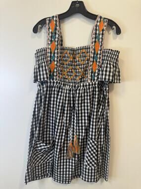 SAND & SPIRIT Black and White Gingham Dress Embroidery Cotton Sundress Size M